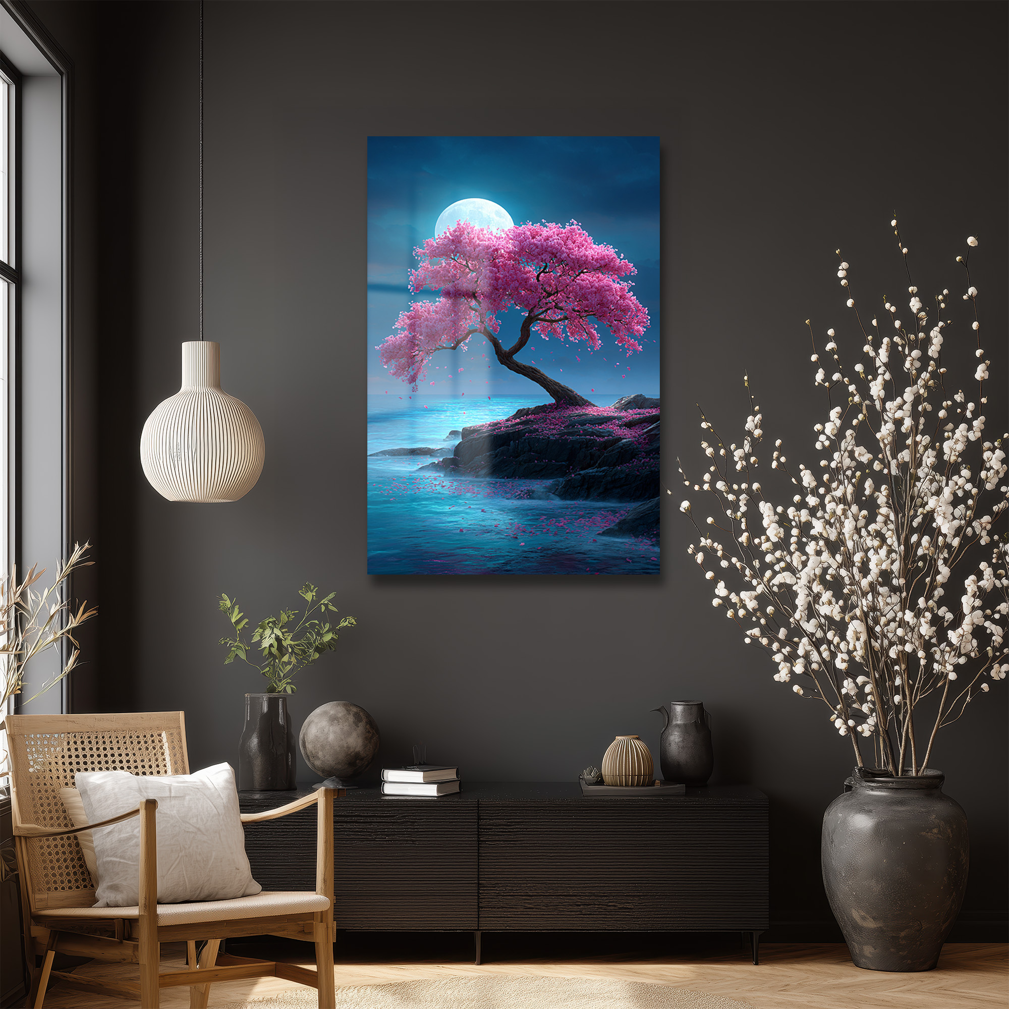 Dolunayda Pembe Sakura Ağacı Cam Tablo - Japon Baharı Esintisi Duvar Dekoru Dolunayda Pembe Sakura Ağacı Cam Tablo - Japon Baharı Esintisi