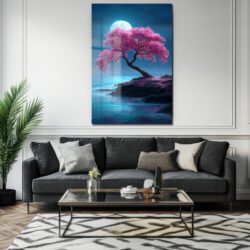 Dolunayda Pembe Sakura Ağacı Cam Tablo - Japon Baharı Esintisi Duvar Dekoru Dolunayda Pembe Sakura Ağacı Cam Tablo - Japon Baharı Esintisi