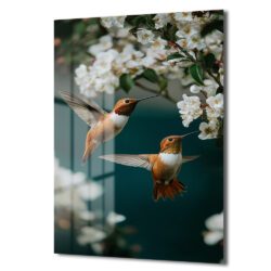 Uçuşan Kolibriler ve Bahar Çiçekleri Lüks Cam Tablo Duvar Dekoru Uçuşan Kolibriler ve Bahar Çiçekleri Lüks Cam Tablo