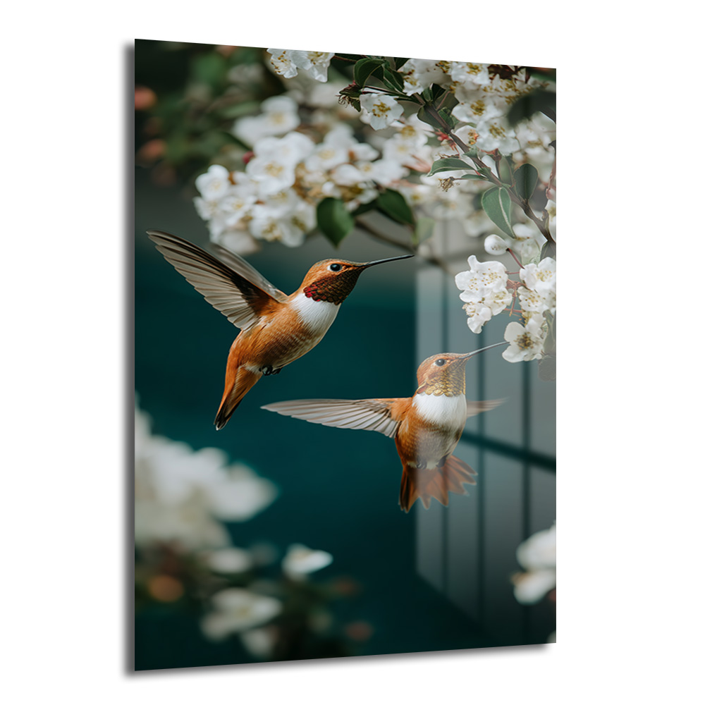 Uçuşan Kolibriler ve Bahar Çiçekleri Lüks Cam Tablo Duvar Dekoru Beyaz bahar çiçeklerinin arasında havada süzülen iki turuncu-kahverengi kolibrinin yer aldığı dikey cam tablo. Arka plan bulanık koyu yeşil ve mavi tonlarında.
