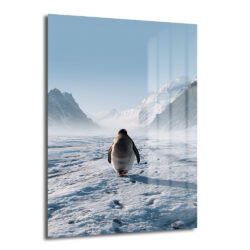 Karlı ve buzlu bir vadide, sırtı dönük tek bir penguenin ayak izleri bırakarak uzaklaşırken görüldüğü, etrafı karla kaplı yüksek dağlarla çevrili, açık mavi gökyüzünün hakim olduğu dingin kış manzarası.