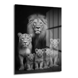 Aslan Ailesi Siyah Beyaz Sanat Cam Tablo Duvar Dekoru Siyah beyaz bir fotoğrafta, aslan ailesi bir arada duruyor: arkada heybetli bir erkek aslan, önde bir dişi aslan ve dört yavru aslan. Hepsi doğrudan kameraya bakıyor, güçlü ve koruyucu bir duruş sergiliyorlar.