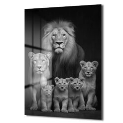 Aslan Ailesi Siyah Beyaz Sanat Cam Tablo Duvar Dekoru Aslan Ailesi Siyah Beyaz Sanat Cam Tablo