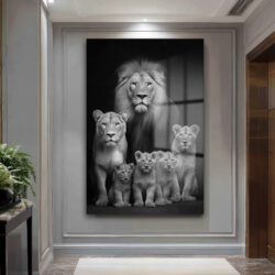 Aslan Ailesi Siyah Beyaz Sanat Cam Tablo Duvar Dekoru Aslan Ailesi Siyah Beyaz Sanat Cam Tablo