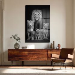 Aslan Ailesi Siyah Beyaz Sanat Cam Tablo Duvar Dekoru Aslan Ailesi Siyah Beyaz Sanat Cam Tablo