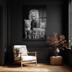 Aslan Ailesi Siyah Beyaz Sanat Cam Tablo Duvar Dekoru Aslan Ailesi Siyah Beyaz Sanat Cam Tablo