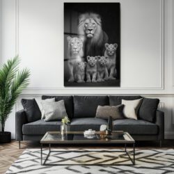Aslan Ailesi Siyah Beyaz Sanat Cam Tablo Duvar Dekoru Aslan Ailesi Siyah Beyaz Sanat Cam Tablo