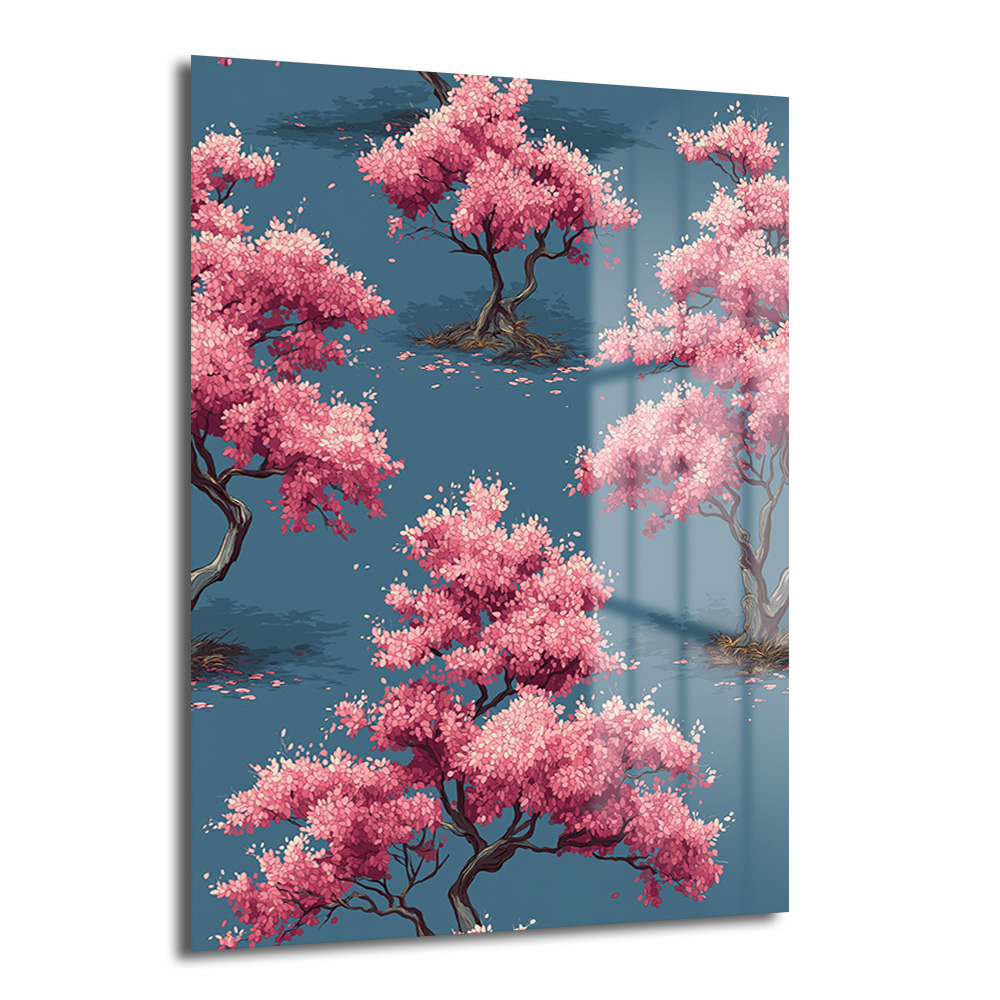Pembe Kiraz Çiçekleri Cam Tablo: Japon Baharının Zarafeti Duvar Dekoru Koyu teal arka plan üzerinde pembe kiraz çiçekleri (sakura) ile dolu ağaçların tekrar eden deseni. Sanatsal ve huzurlu bir görsel.