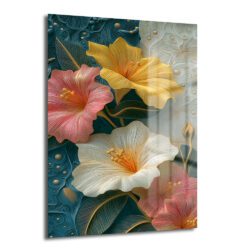 Canlı Hibiskus Çiçekleri Cam Tablo - Modern Sanat Duvar Dekoru Duvar Dekoru Koyu teal ve krem rengi arka plan üzerinde, pembe, sarı ve beyaz renklerde, detaylı dokulu büyük hibiskus çiçeklerinin yer aldığı dikey modern cam tablo. Çiçeklerin ve yaprakların üzerinde altın rengi ince çizgiler ve kabartmalı desenler bulunuyor.