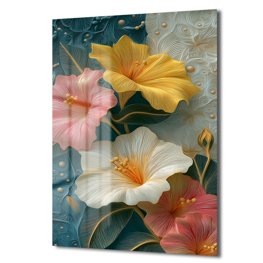 Canlı Hibiskus Çiçekleri Cam Tablo - Modern Sanat Duvar Dekoru Duvar Dekoru Canlı Hibiskus Çiçekleri Cam Tablo - Modern Sanat Duvar Dekoru
