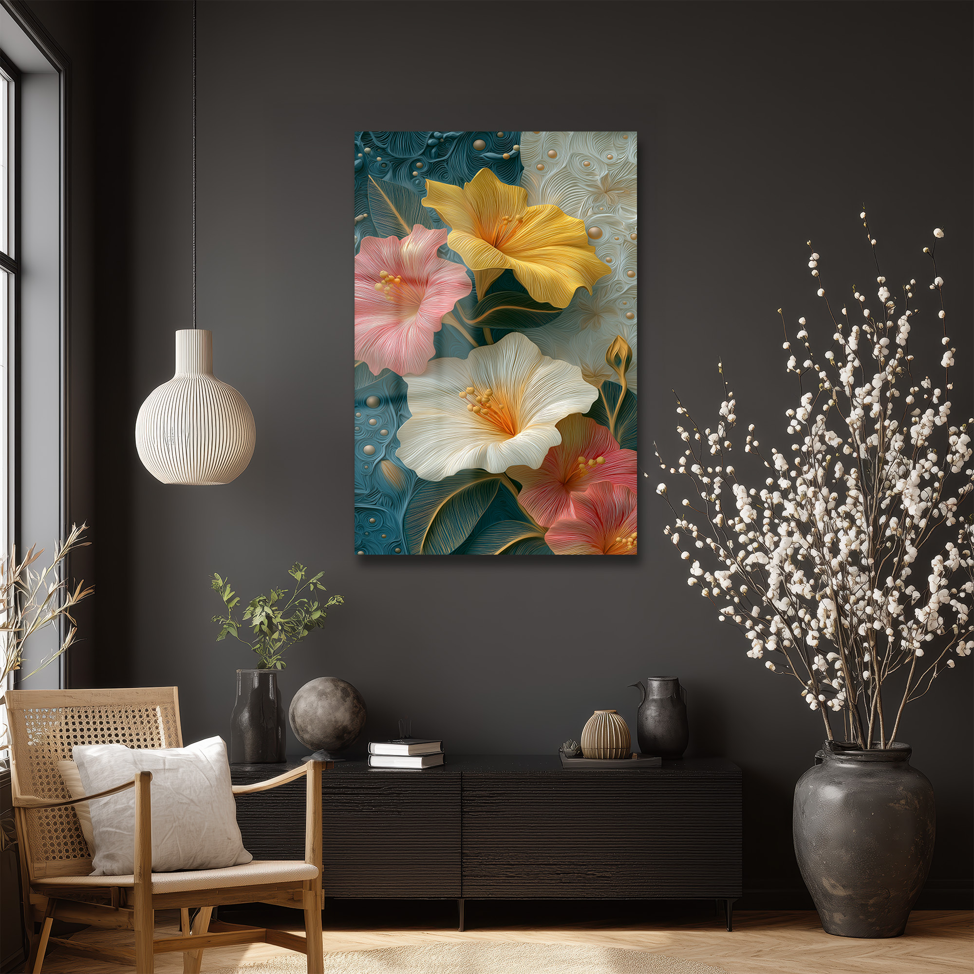 Canlı Hibiskus Çiçekleri Cam Tablo - Modern Sanat Duvar Dekoru Duvar Dekoru Canlı Hibiskus Çiçekleri Cam Tablo - Modern Sanat Duvar Dekoru