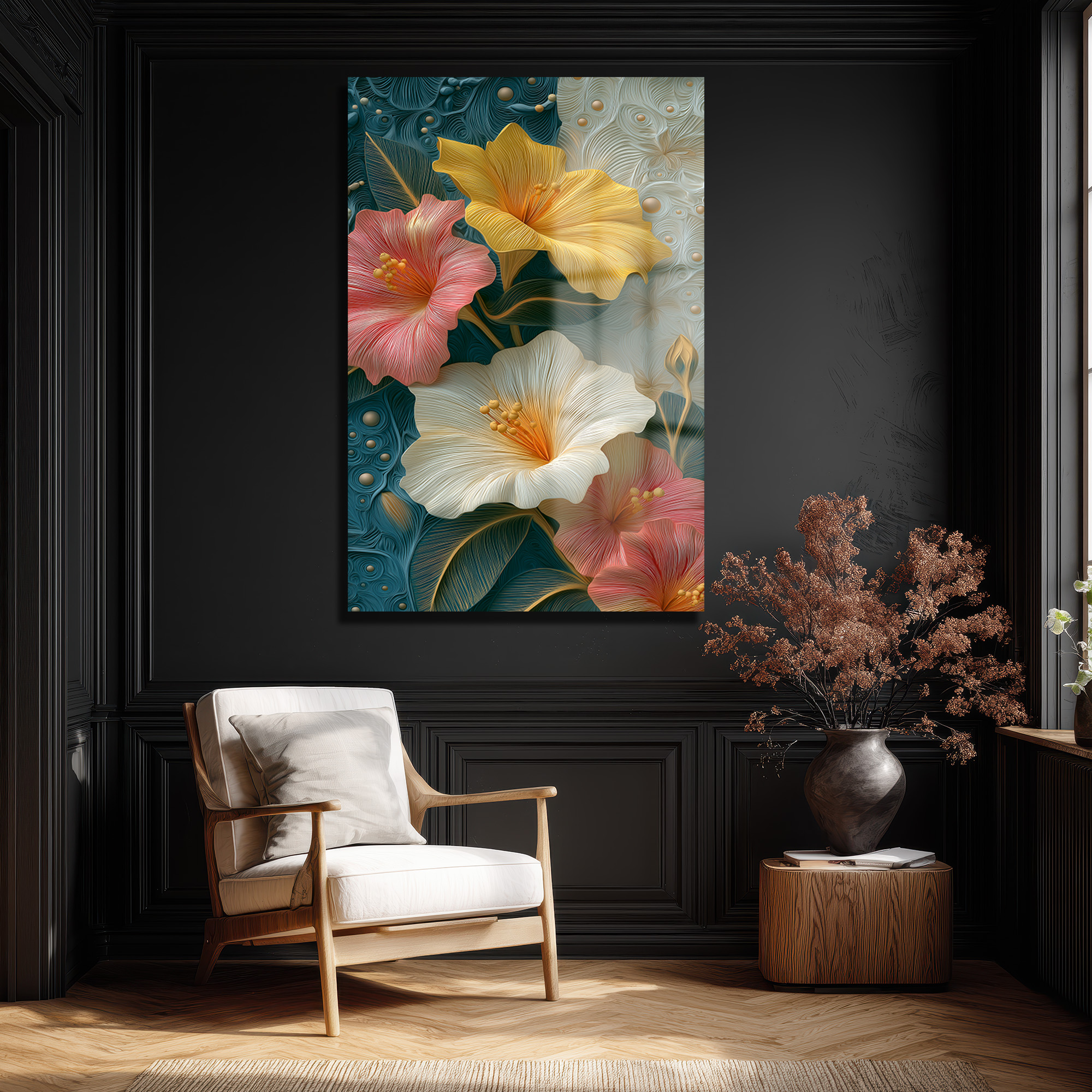 Canlı Hibiskus Çiçekleri Cam Tablo - Modern Sanat Duvar Dekoru Duvar Dekoru Canlı Hibiskus Çiçekleri Cam Tablo - Modern Sanat Duvar Dekoru