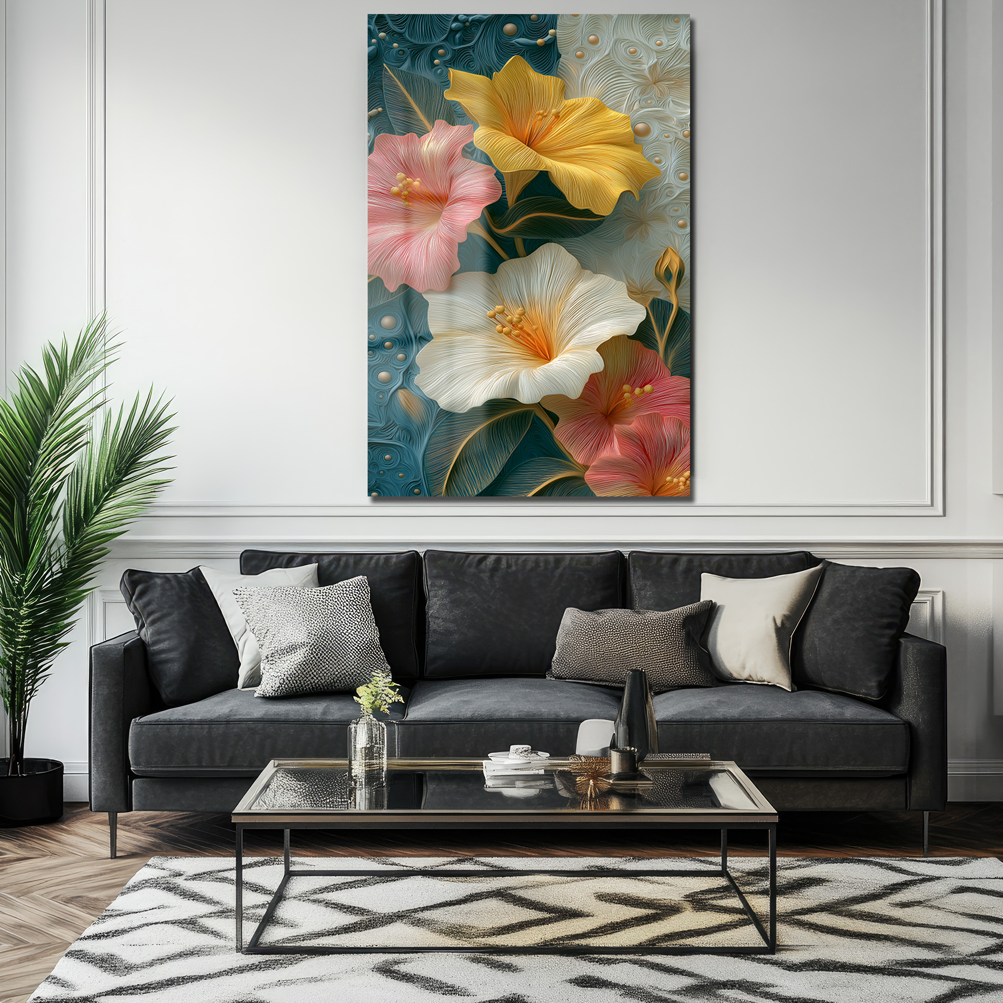Canlı Hibiskus Çiçekleri Cam Tablo - Modern Sanat Duvar Dekoru Duvar Dekoru Canlı Hibiskus Çiçekleri Cam Tablo - Modern Sanat Duvar Dekoru