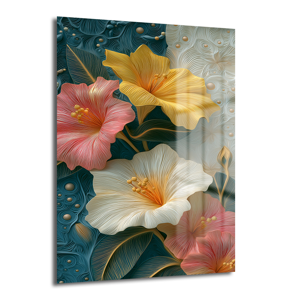 Canlı Hibiskus Çiçekleri Cam Tablo - Modern Sanat Duvar Dekoru Duvar Dekoru Koyu teal ve krem rengi arka plan üzerinde, pembe, sarı ve beyaz renklerde, detaylı dokulu büyük hibiskus çiçeklerinin yer aldığı dikey modern cam tablo. Çiçeklerin ve yaprakların üzerinde altın rengi ince çizgiler ve kabartmalı desenler bulunuyor.