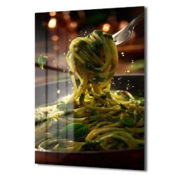 Pesto Soslu Spaghetti Lezzeti Cam Tablo - Mutfak Dekorasyonu Duvar Dekoru Pesto Soslu Spaghetti Lezzeti Cam Tablo - Mutfak Dekorasyonu
