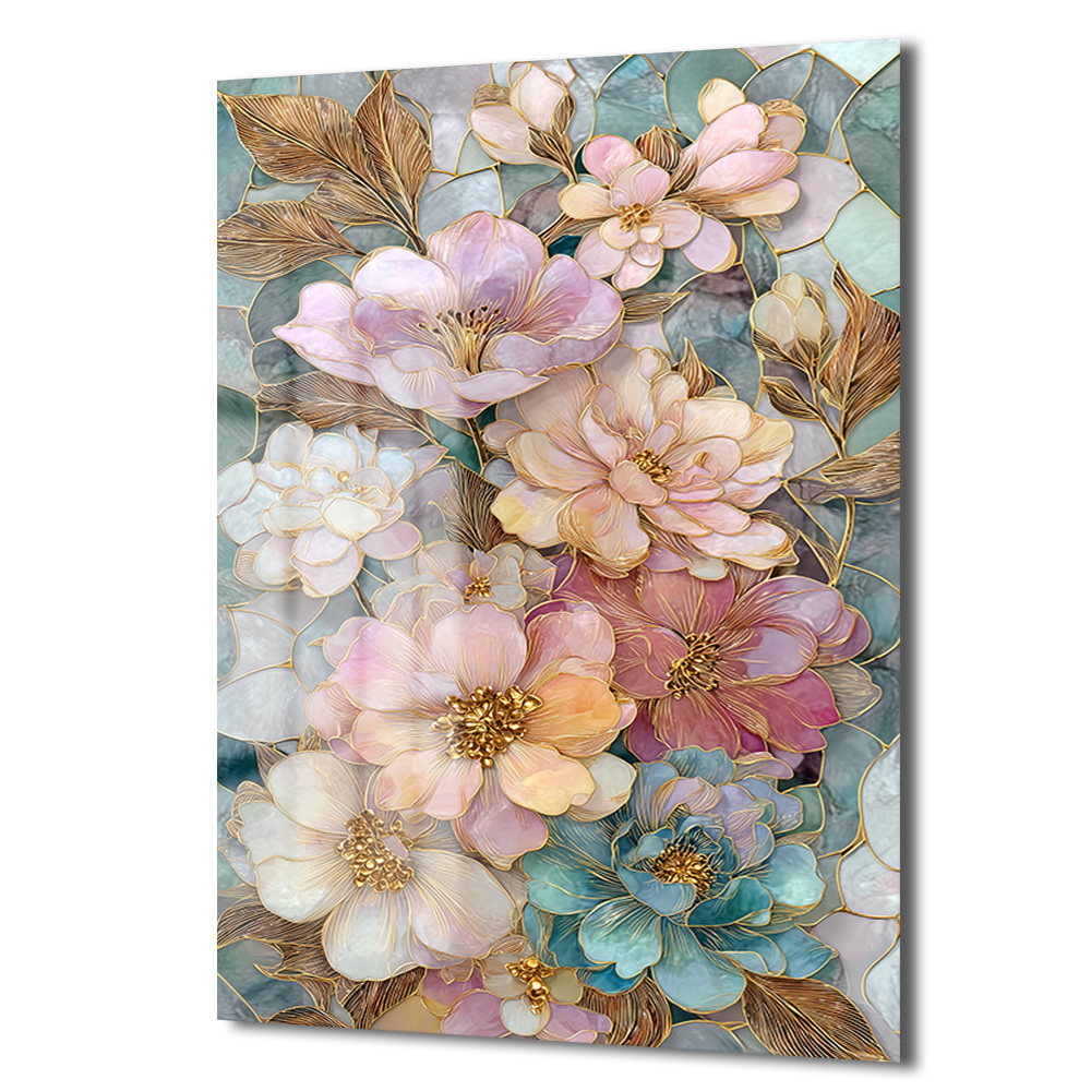 Büyüleyici Pastel Çiçekler Cam Tablo - Altın Detaylı Sanat Eseri Duvar Dekoru Büyüleyici Pastel Çiçekler Cam Tablo - Altın Detaylı Sanat Eseri