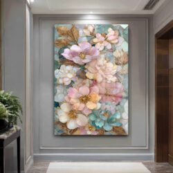 Büyüleyici Pastel Çiçekler Cam Tablo - Altın Detaylı Sanat Eseri Duvar Dekoru Büyüleyici Pastel Çiçekler Cam Tablo - Altın Detaylı Sanat Eseri