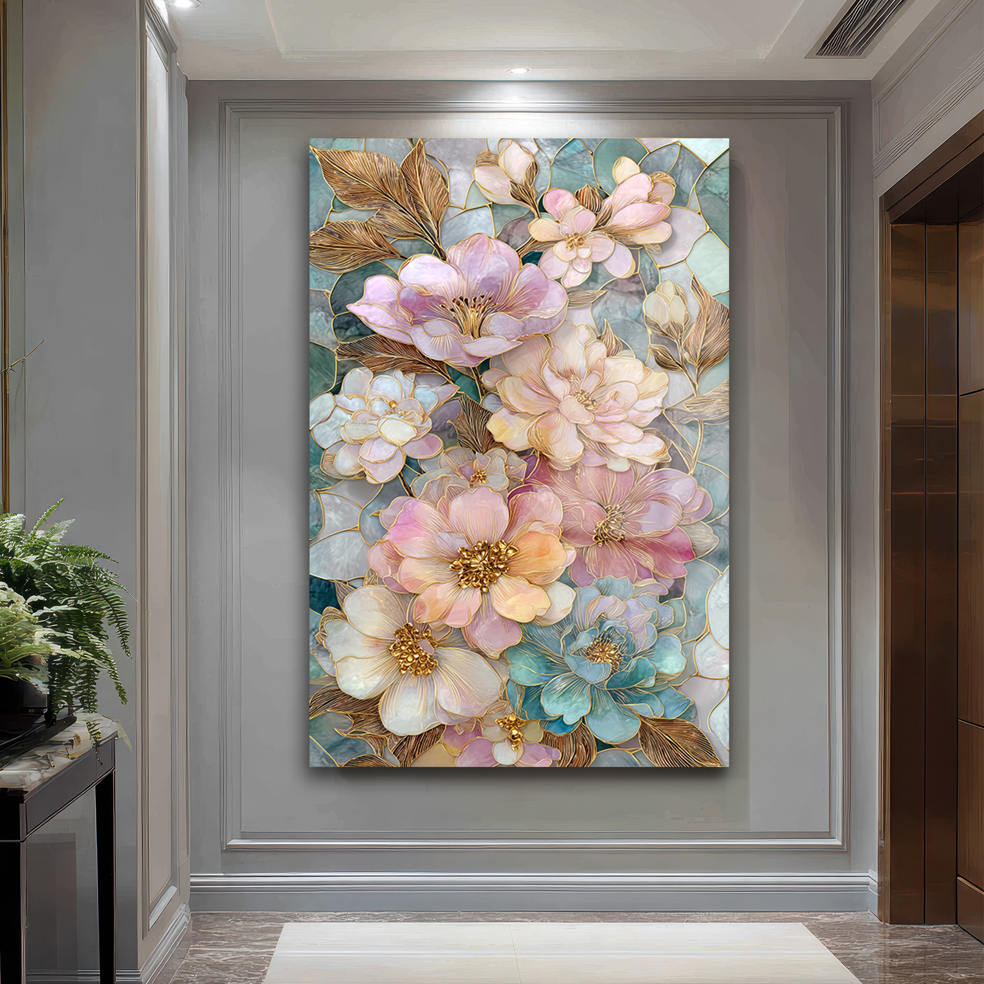 Büyüleyici Pastel Çiçekler Cam Tablo - Altın Detaylı Sanat Eseri Duvar Dekoru Büyüleyici Pastel Çiçekler Cam Tablo - Altın Detaylı Sanat Eseri