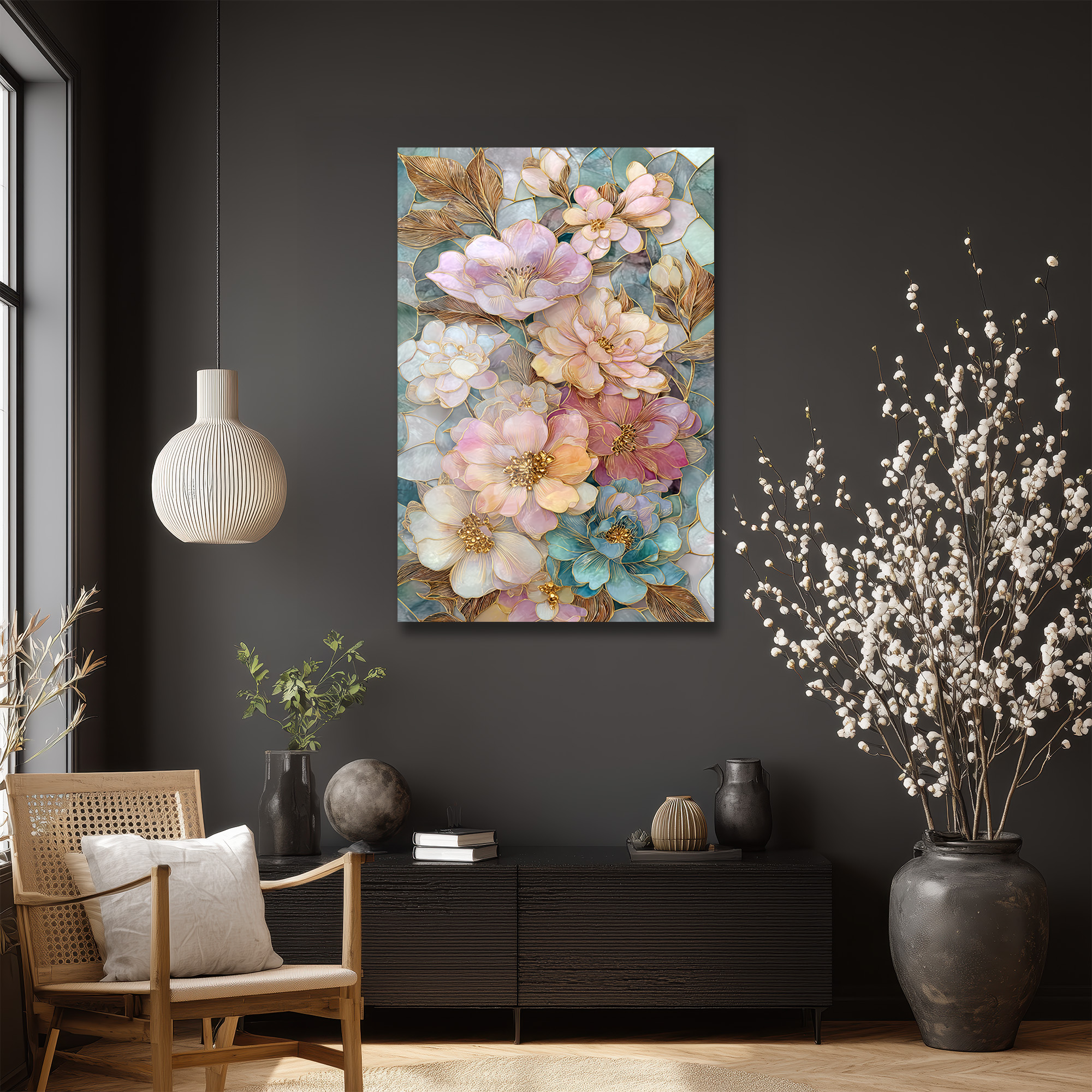 Büyüleyici Pastel Çiçekler Cam Tablo - Altın Detaylı Sanat Eseri Duvar Dekoru Büyüleyici Pastel Çiçekler Cam Tablo - Altın Detaylı Sanat Eseri