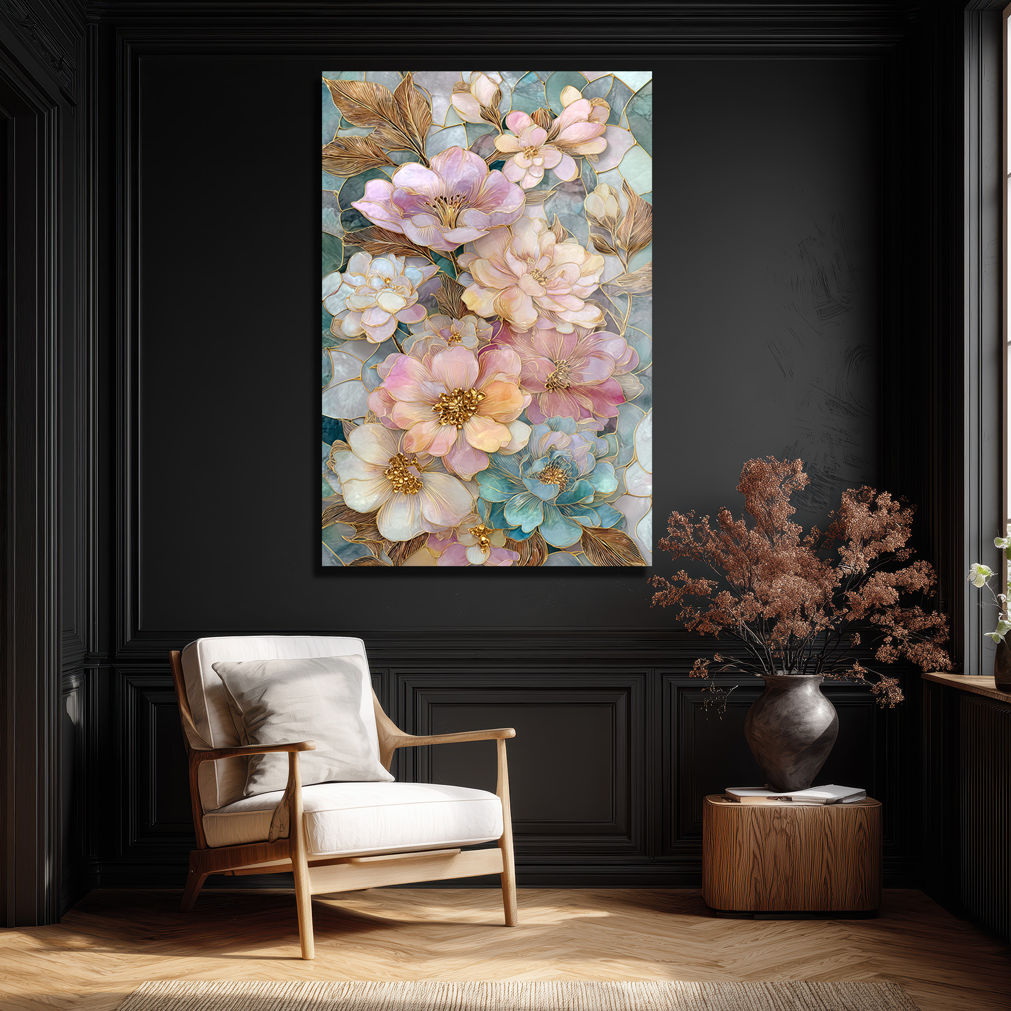 Büyüleyici Pastel Çiçekler Cam Tablo - Altın Detaylı Sanat Eseri Duvar Dekoru Büyüleyici Pastel Çiçekler Cam Tablo - Altın Detaylı Sanat Eseri