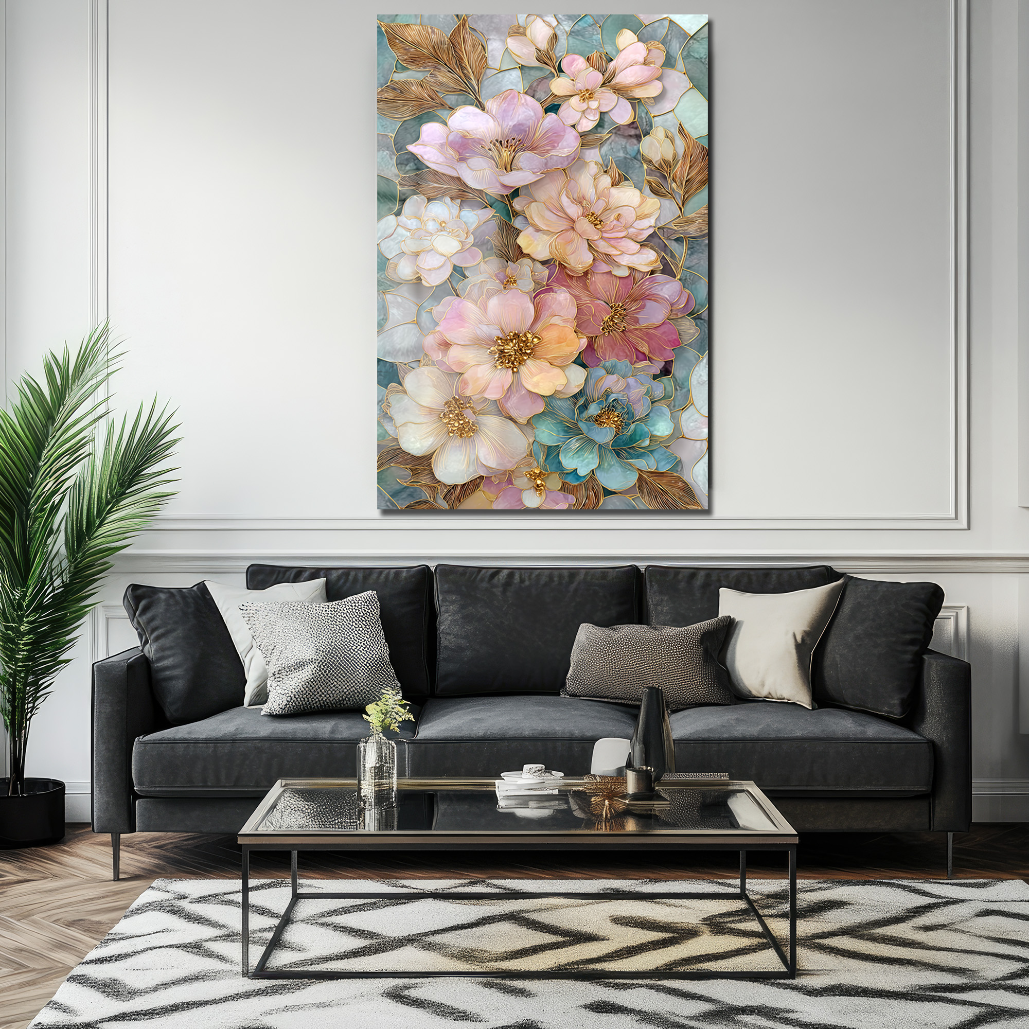 Büyüleyici Pastel Çiçekler Cam Tablo - Altın Detaylı Sanat Eseri Duvar Dekoru Büyüleyici Pastel Çiçekler Cam Tablo - Altın Detaylı Sanat Eseri