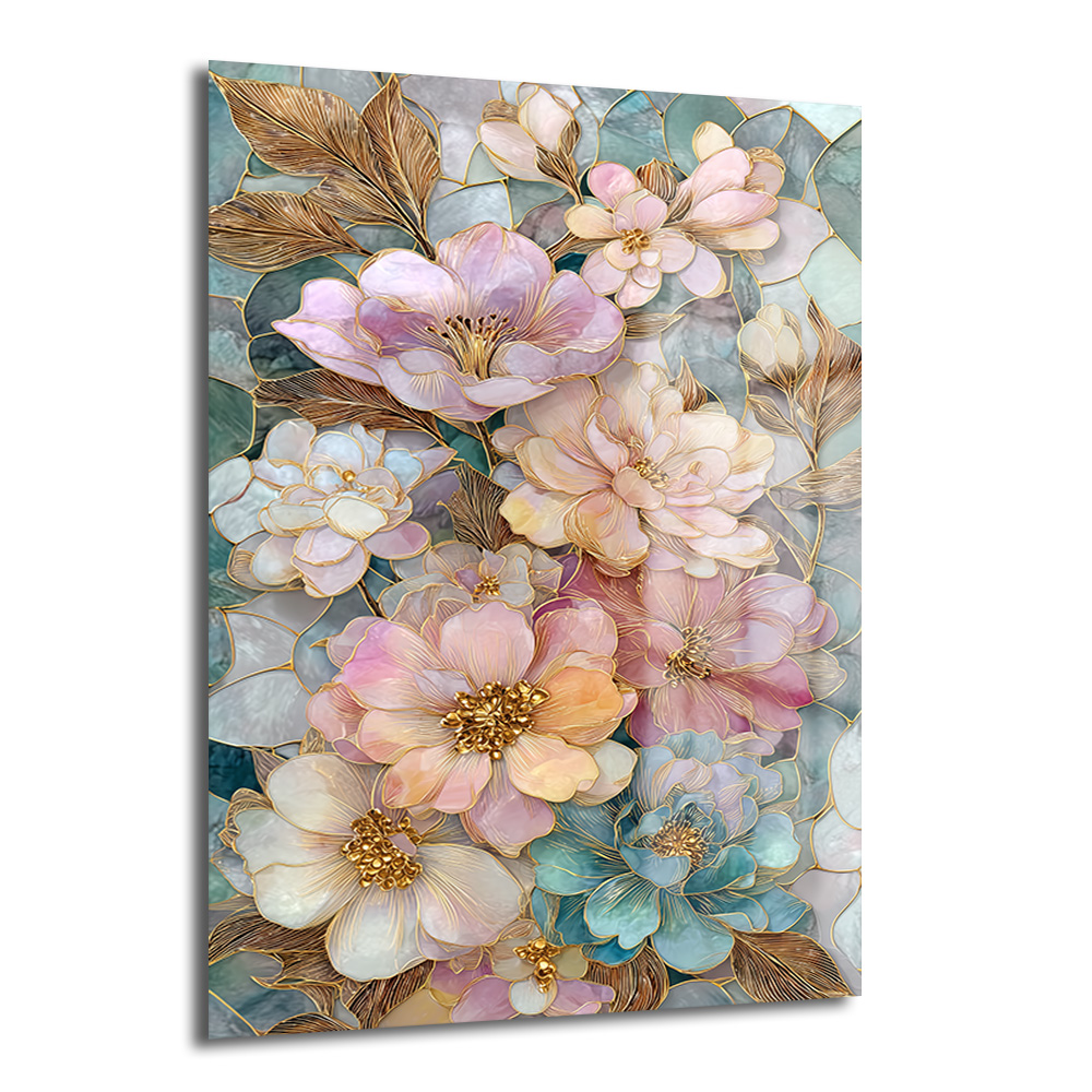 Büyüleyici Pastel Çiçekler Cam Tablo - Altın Detaylı Sanat Eseri Duvar Dekoru Altın yaldızlı detaylara sahip, pastel tonlarda pembe, mor, krem ve turkuaz çiçeklerin yer aldığı, mozaik desenli arka plana sahip cam tablo.