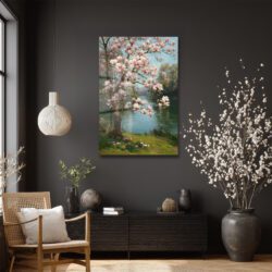 Romantik Manolya Ağacı Nehir Manzarası Cam Tablo Duvar Dekoru Romantik Manolya Ağacı Nehir Manzarası Cam Tablo