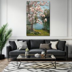 Romantik Manolya Ağacı Nehir Manzarası Cam Tablo Duvar Dekoru Romantik Manolya Ağacı Nehir Manzarası Cam Tablo