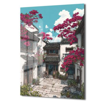 Sakura Baharı Sokakları Cam Tablo - Huzurlu Asya Mimarisi
