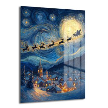 Van Gogh'un Yıldızlı Gece tablosu stilinde, karlı bir köyün üzerinde uçan Noel Baba ve geyiklerinin resmedildiği, sarı ay ve mavi-siyah girdaplı gökyüzü temalı cam tablo.