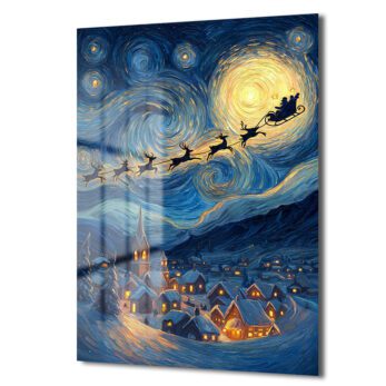 Van Gogh Tarzı Noel Gecesi Cam Tablo - Santa'nın Yıldızlı Yolculuğu