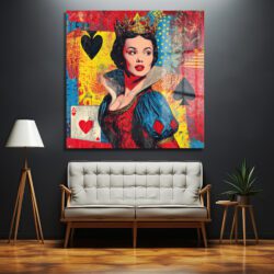 Pop art tarzında, kırmızı, sarı ve mavi tonlarında, taç takmış bir kraliçenin portresi. Arka planda iskambil kartı sembolleri (kupa, maça) ve graffiti desenleri bulunuyor.