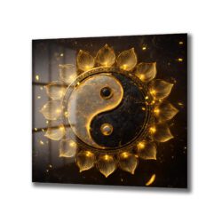 Işıltılı Altın Yin Yang Lotus Cam Tablo - Glazella