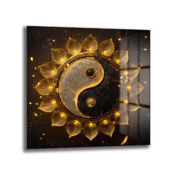 Işıltılı Altın Yin Yang Lotus Cam Tablo - Glazella