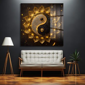 Işıltılı Altın Yin Yang Lotus Cam Tablo - Glazella
