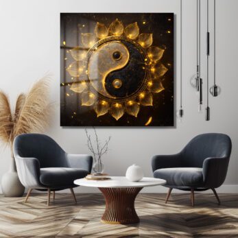 Işıltılı Altın Yin Yang Lotus Cam Tablo - Glazella