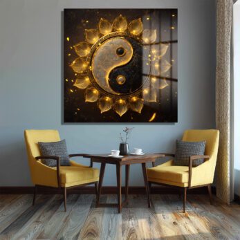 Işıltılı Altın Yin Yang Lotus Cam Tablo - Glazella