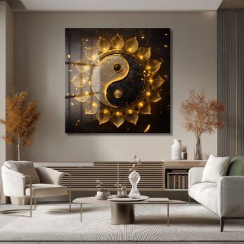 Işıltılı Altın Yin Yang Lotus Cam Tablo - Glazella