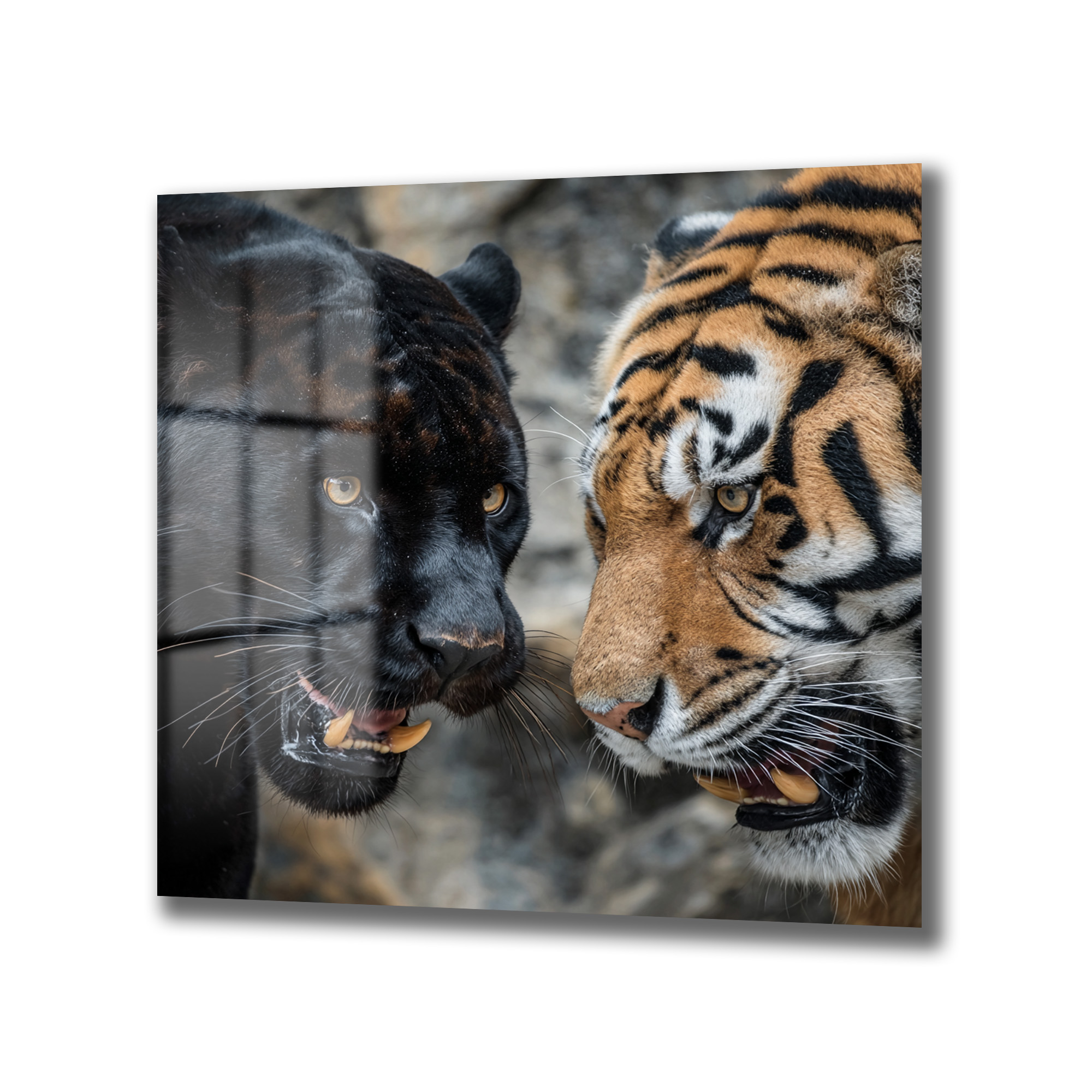 Siyah Panter ve Kaplan Karşılaşması Temperli Cam Tablo Duvar Dekoru Siyah Panter ve Kaplan Karşılaşması Temperli Cam Tablo