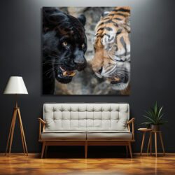 Siyah Panter ve Kaplan Karşılaşması Temperli Cam Tablo Duvar Dekoru Siyah Panter ve Kaplan Karşılaşması Temperli Cam Tablo