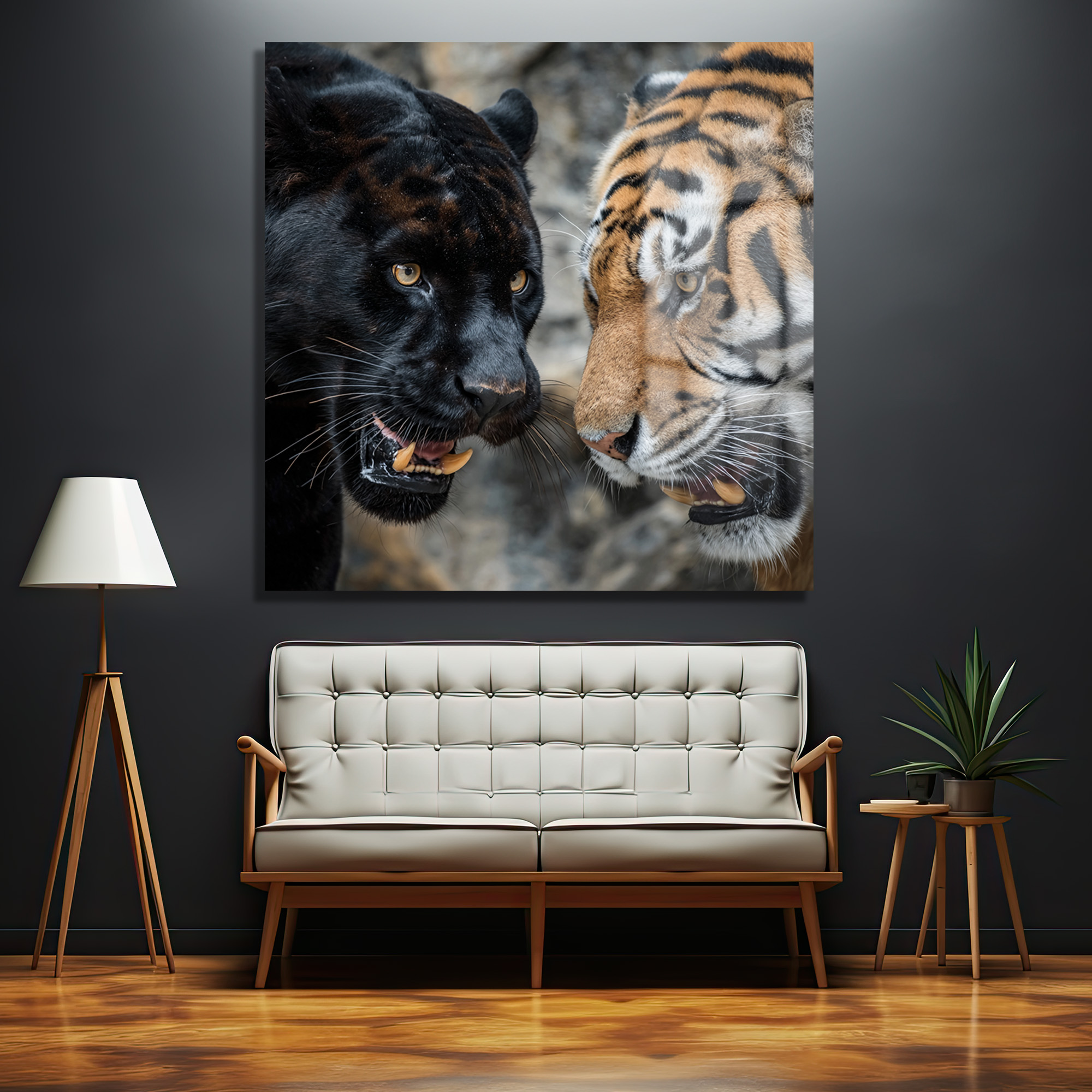 Siyah Panter ve Kaplan Karşılaşması Temperli Cam Tablo Duvar Dekoru Siyah Panter ve Kaplan Karşılaşması Temperli Cam Tablo