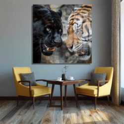 Siyah Panter ve Kaplan Karşılaşması Temperli Cam Tablo Duvar Dekoru Siyah Panter ve Kaplan Karşılaşması Temperli Cam Tablo