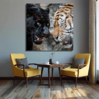 Siyah Panter ve Kaplan Karşılaşması Temperli Cam Tablo - Glazella Siyah Panter ve Kaplan Karşılaşması Temperli Cam Tablo - Glazella