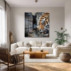 Siyah Panter ve Kaplan Karşılaşması Temperli Cam Tablo Duvar Dekoru Siyah Panter ve Kaplan Karşılaşması Temperli Cam Tablo
