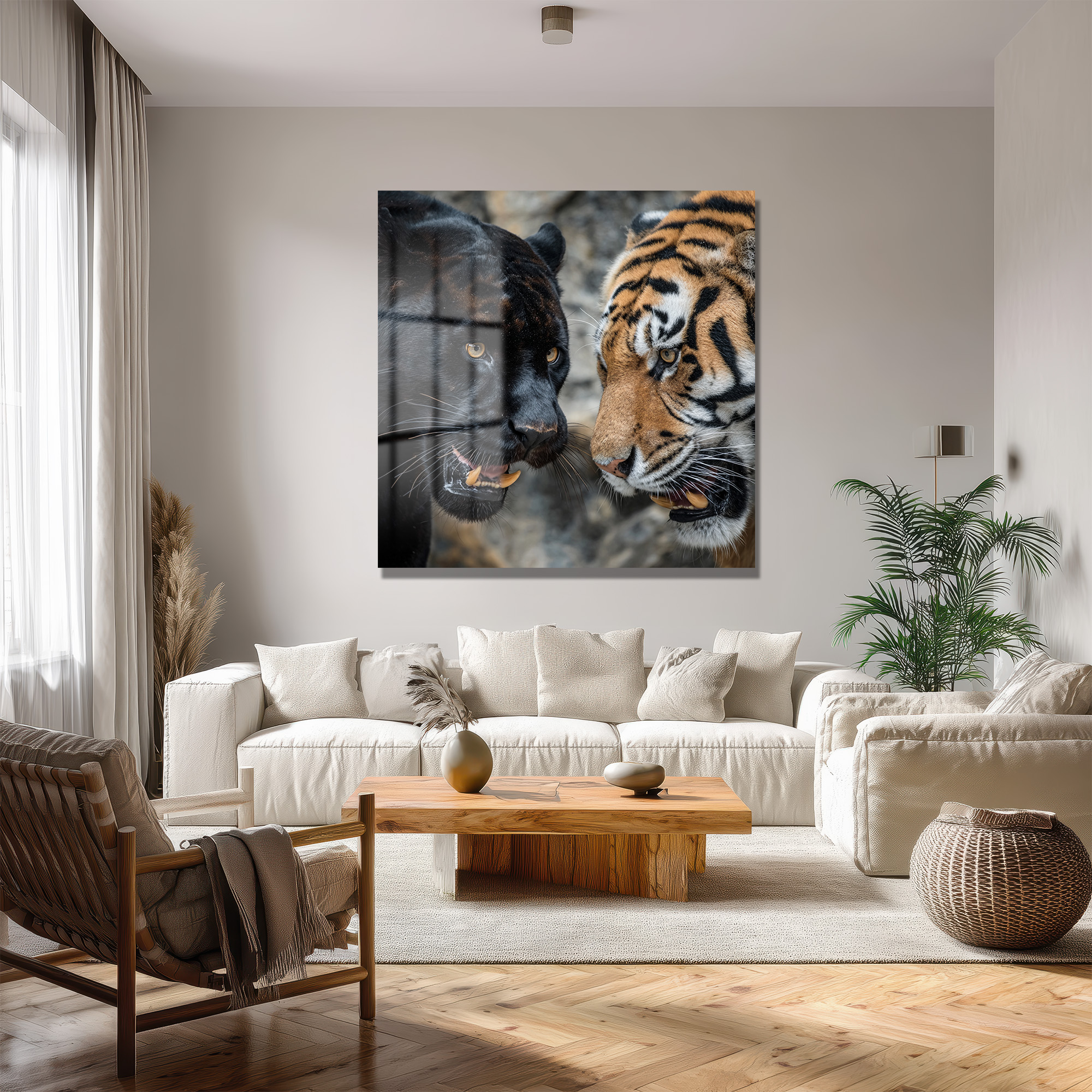 Siyah Panter ve Kaplan Karşılaşması Temperli Cam Tablo Duvar Dekoru Siyah Panter ve Kaplan Karşılaşması Temperli Cam Tablo