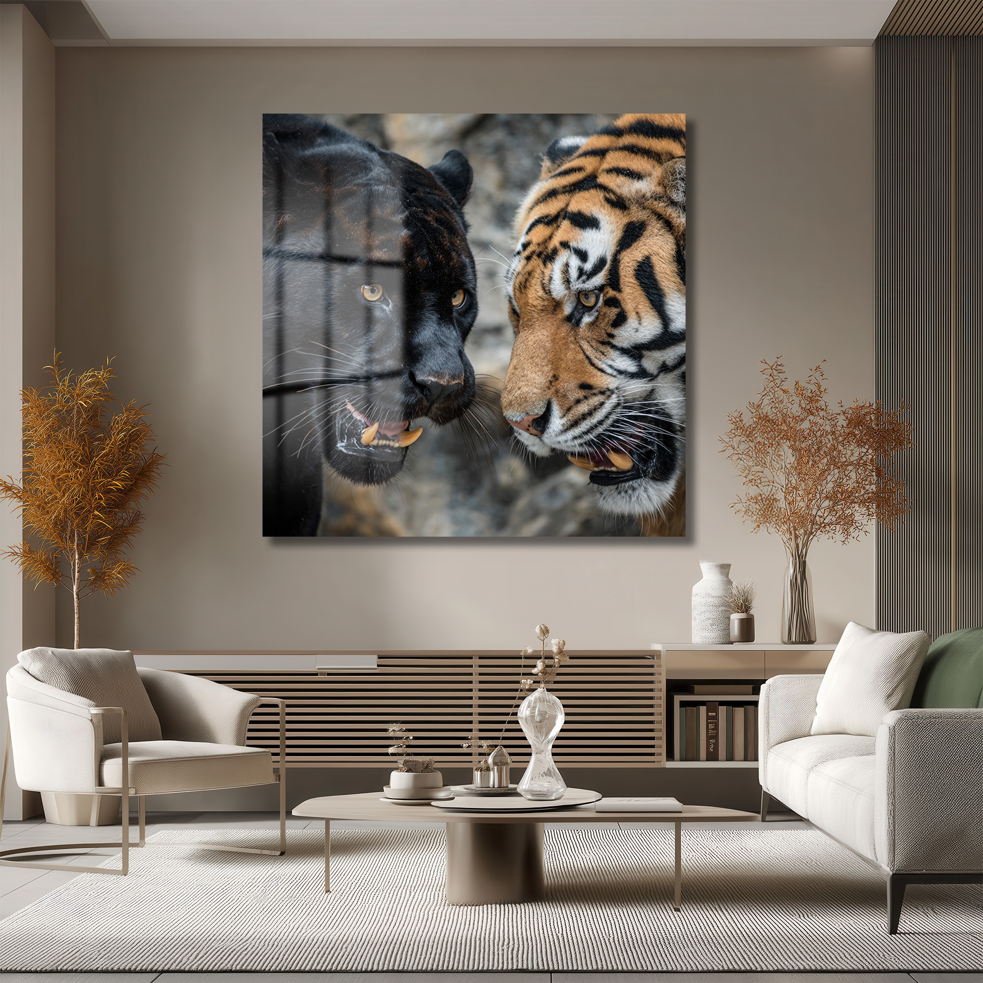 Siyah Panter ve Kaplan Karşılaşması Temperli Cam Tablo Duvar Dekoru Siyah Panter ve Kaplan Karşılaşması Temperli Cam Tablo