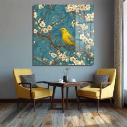 Sarı Kuş ve Bahar Çiçekleri Cam Tablo - Glazella Sanat