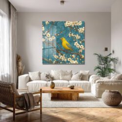 Sarı Kuş ve Bahar Çiçekleri Cam Tablo - Glazella Sanat