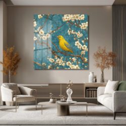 Sarı Kuş ve Bahar Çiçekleri Cam Tablo - Glazella Sanat