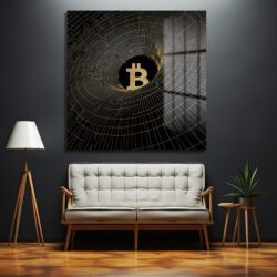 Koyu gri duvarda asılı, siyah zemin üzerine altın renkli parıltılı Bitcoin sembolü ve etrafında dönen soyut ızgara desenli modern cam tablo. Altında beyaz modern bir kanepe ve ahşap aksesuarlar bulunuyor.